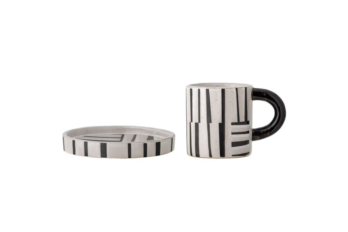 Becher-Set Evoa – Schwarz/Weiß Steingut mit Untertasse