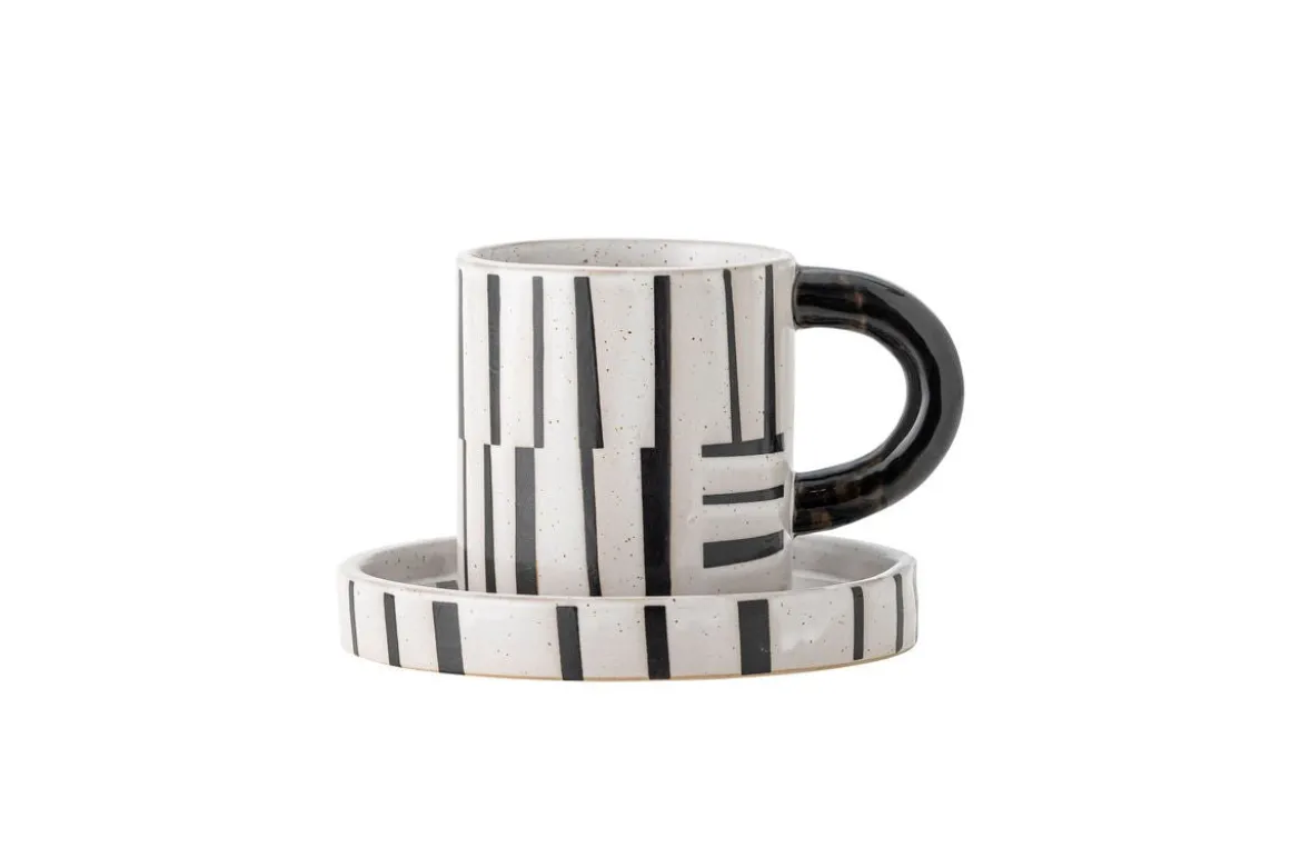 Becher-Set Evoa – Schwarz/Weiß Steingut mit Untertasse