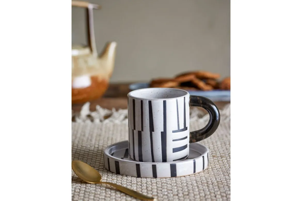 Becher-Set Evoa – Schwarz/Weiß Steingut mit Untertasse