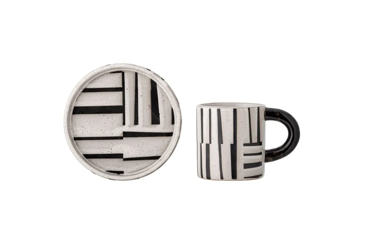 Becher-Set Evoa – Schwarz/Weiß Steingut mit Untertasse