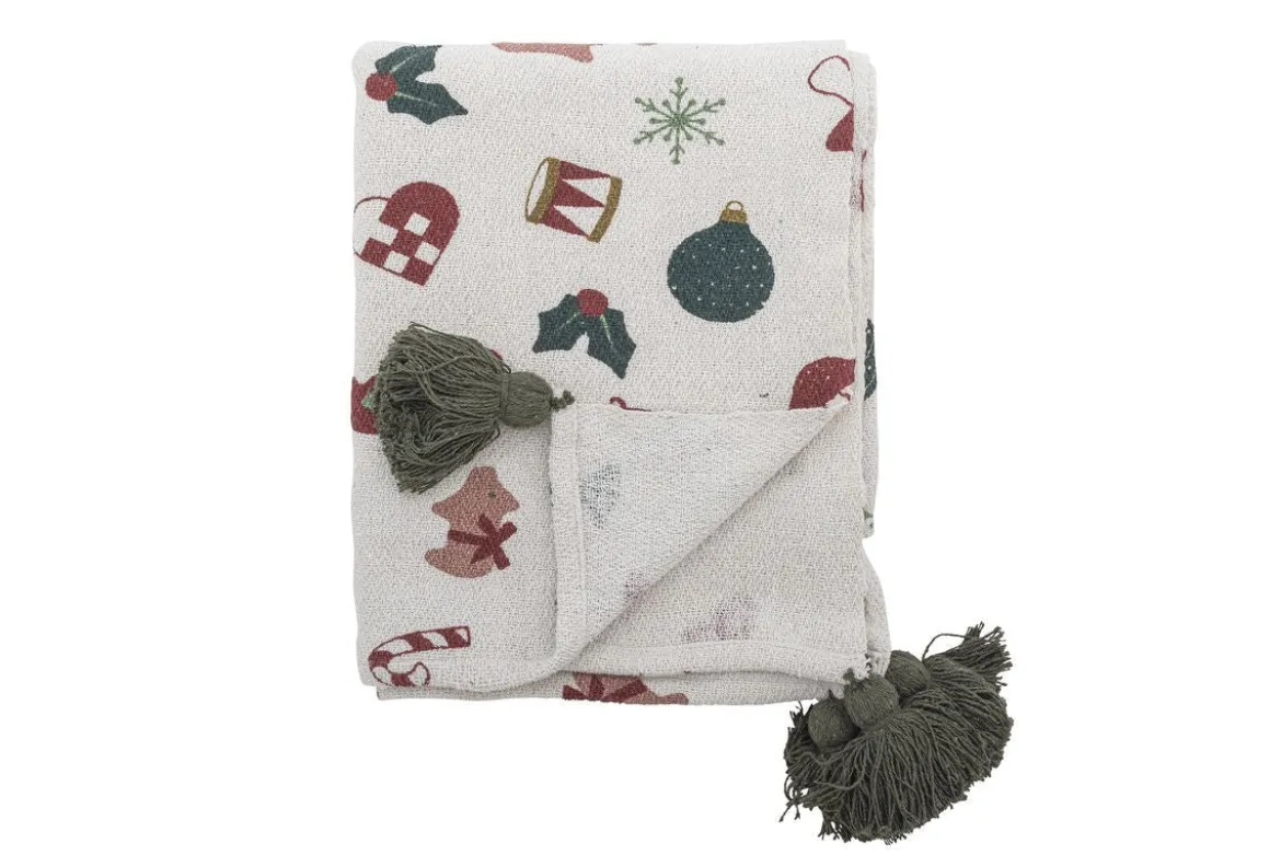 Überwurfdecke Aila - Natur/Grün, aus recycelter Baumwolle, mit Weihnachtsmotiven