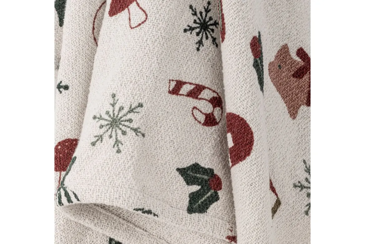 Überwurfdecke Aila - Natur/Grün, aus recycelter Baumwolle, mit Weihnachtsmotiven