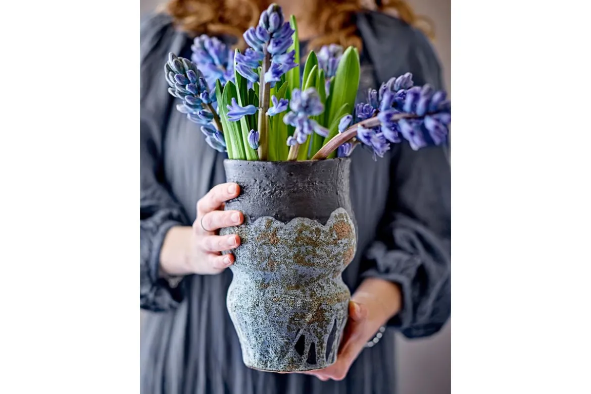 Blumentopf Elvar – Strukturierte Glasur in Blau mit Erdtönen