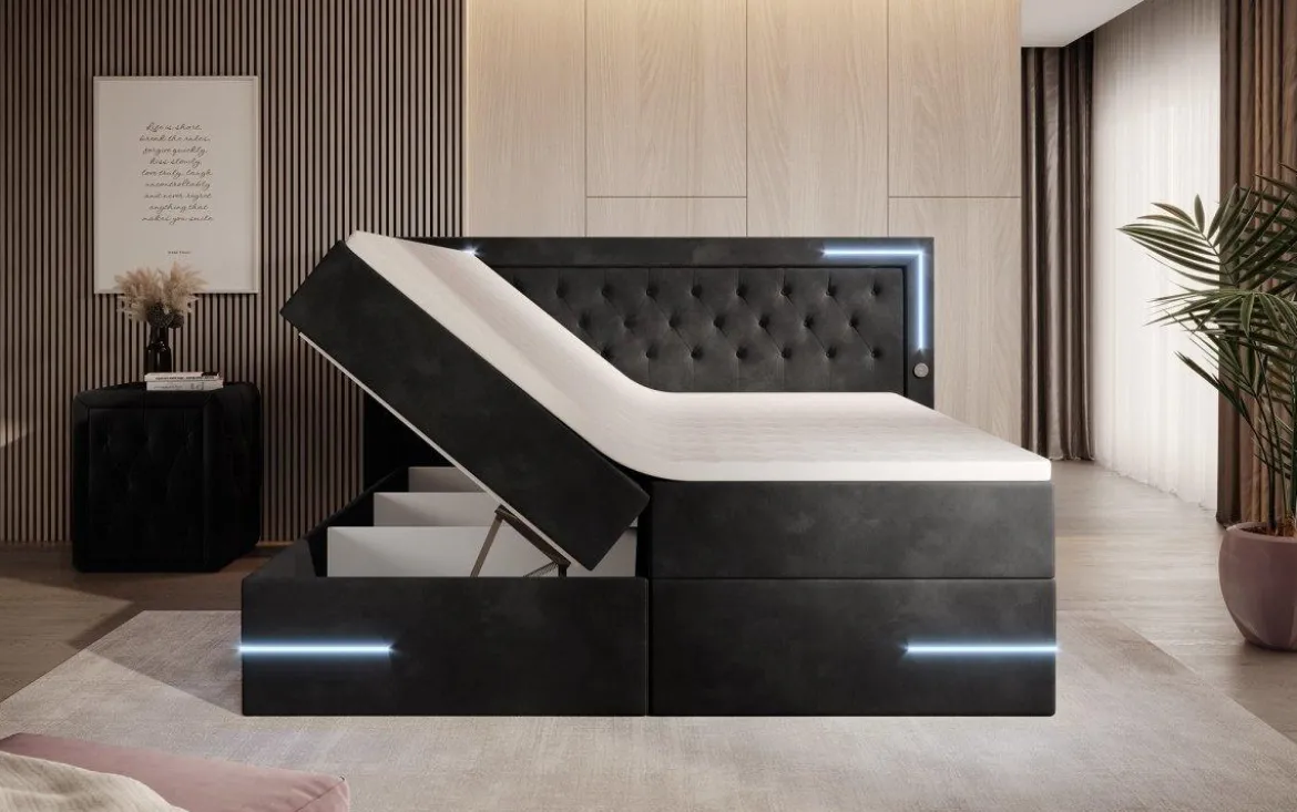 Boxspringbett Carlotta mit LED, Stauraum und USB (Samt)