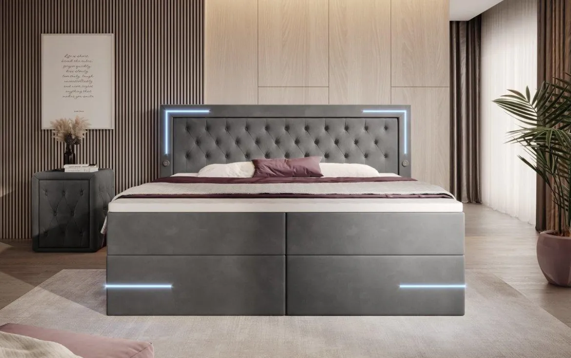 Boxspringbett Carlotta mit LED, Stauraum und USB (Samt)
