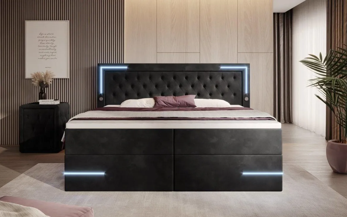 Boxspringbett Carlotta mit LED, Stauraum und USB (Samt)