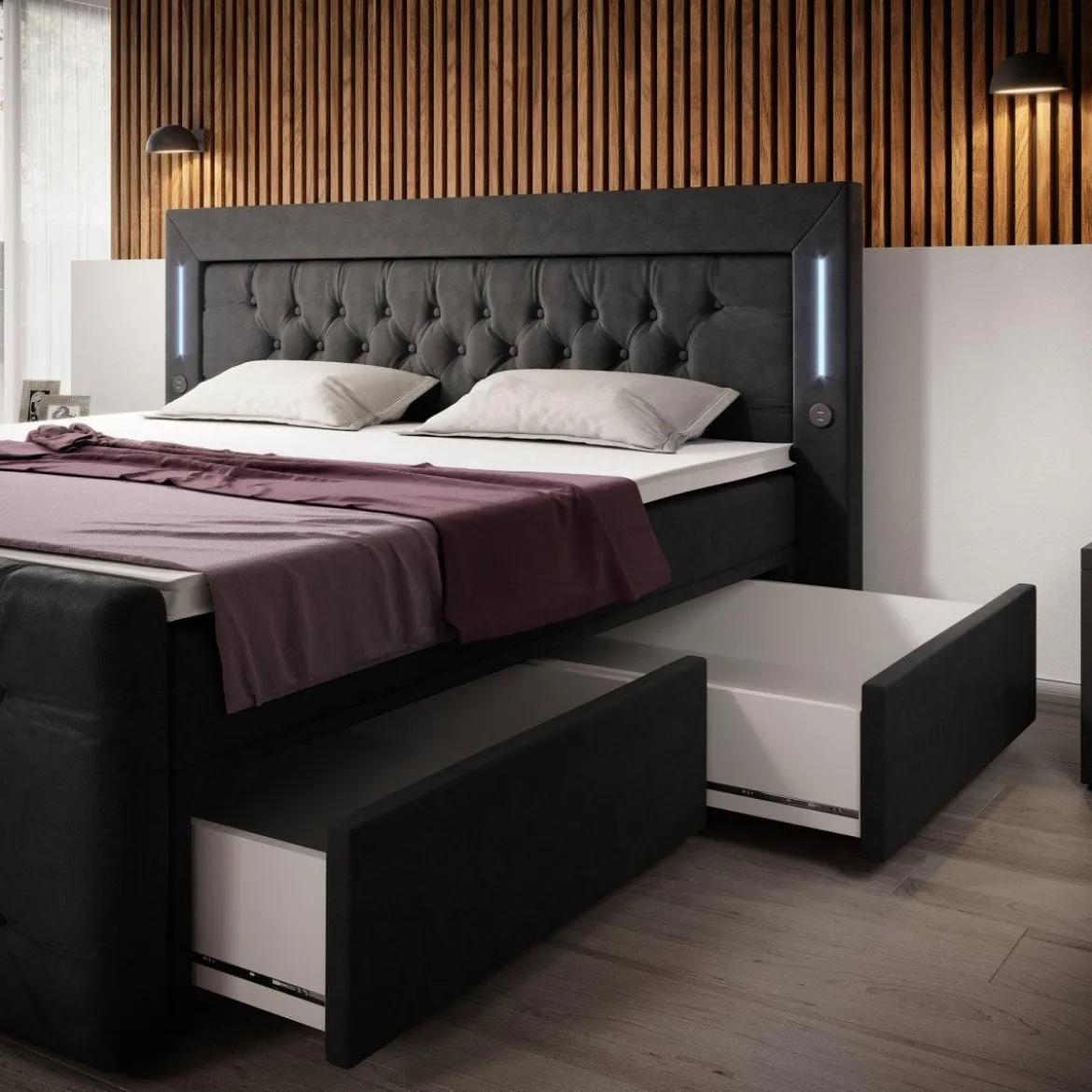 Boxspringbett Diva mit USB, LED und Stauraum (2 Schubladen)