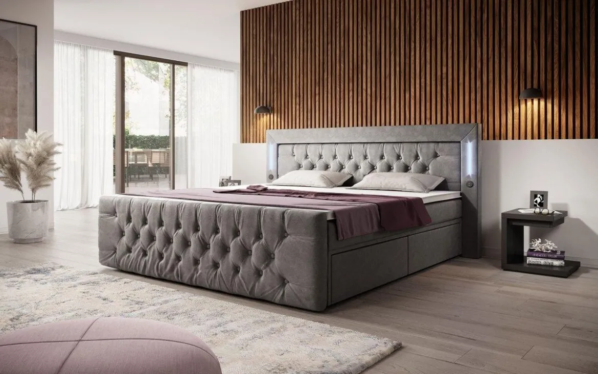 Boxspringbett Diva mit USB, LED und Stauraum (2 Schubladen)