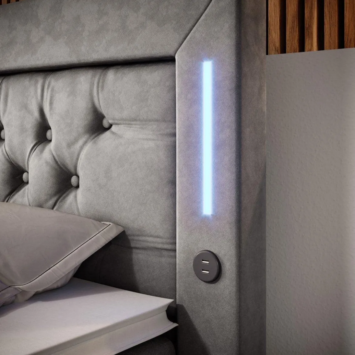 Boxspringbett Diva mit USB, LED und Stauraum (2 Schubladen)