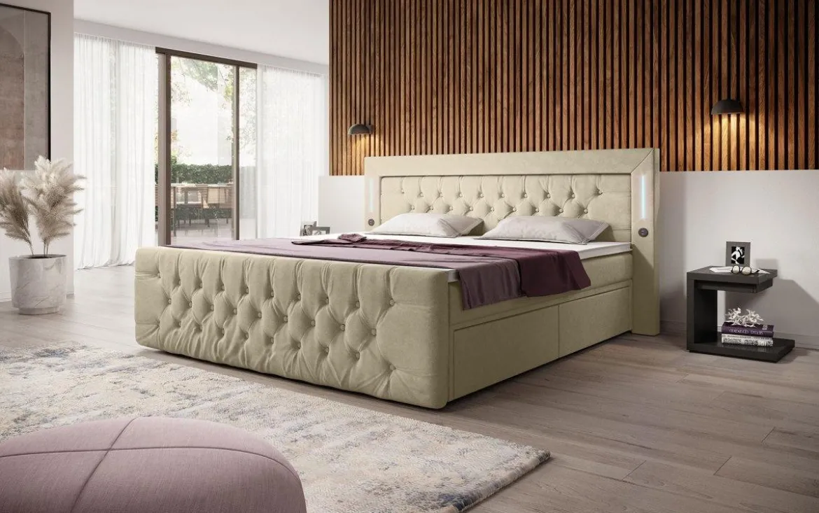 Boxspringbett Diva mit USB, LED und Stauraum (2 Schubladen)
