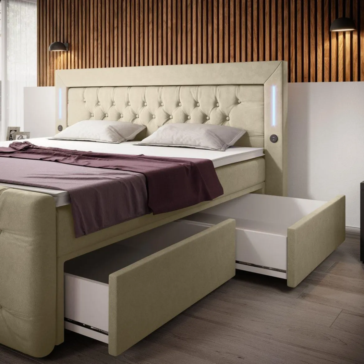 Boxspringbett Diva mit USB, LED und Stauraum (2 Schubladen)