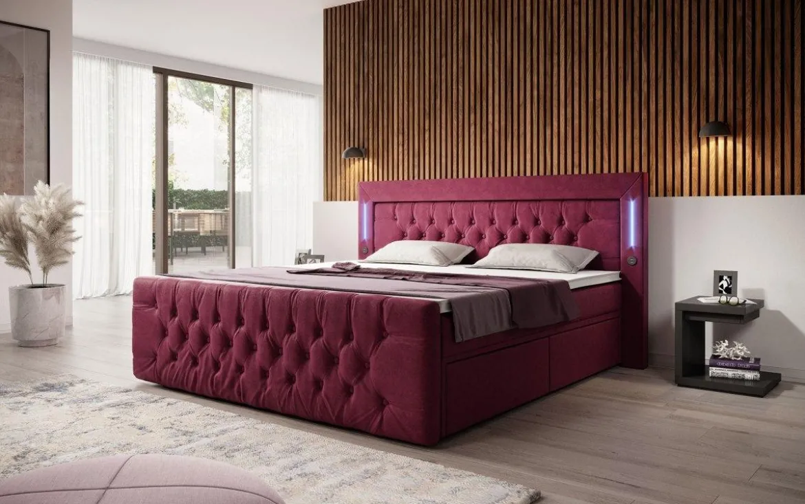 Boxspringbett Diva mit USB, LED und Stauraum (2 Schubladen)