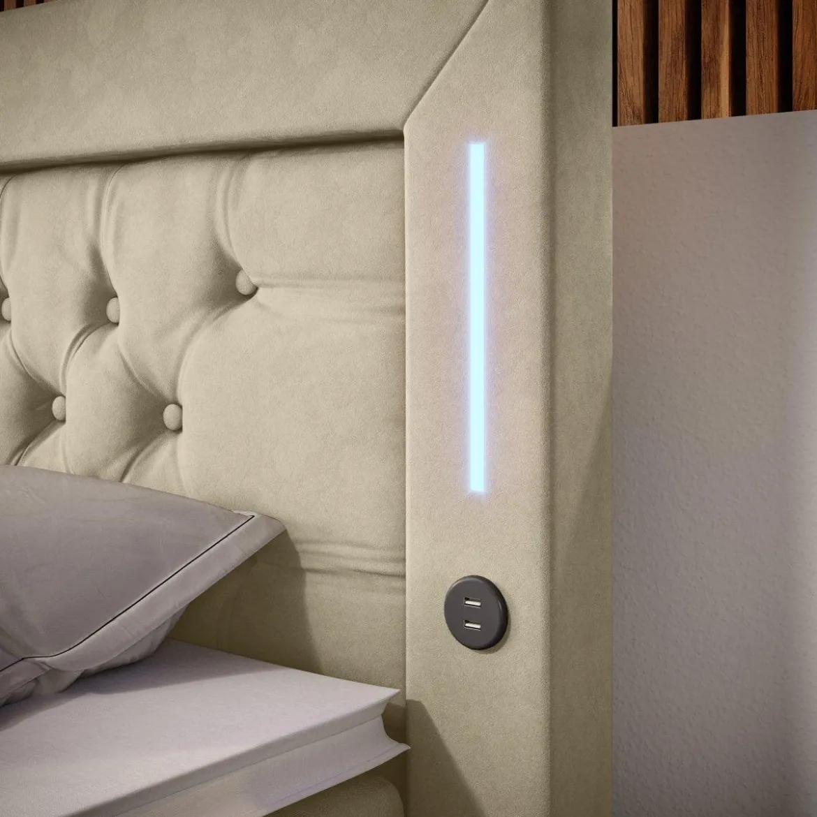 Boxspringbett Diva mit USB, LED und Stauraum (2 Schubladen)
