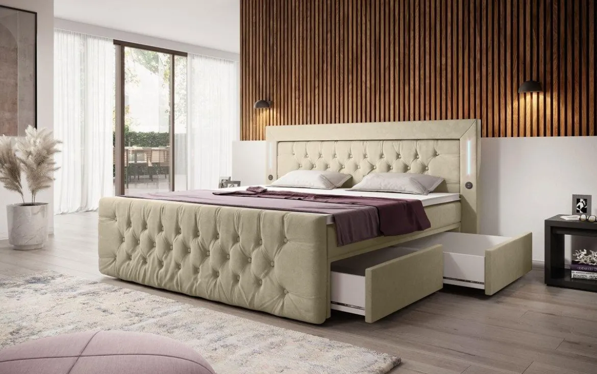 Boxspringbett Diva mit USB, LED und Stauraum (2 Schubladen)