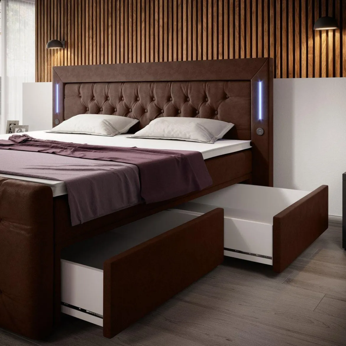 Boxspringbett Diva mit USB, LED und Stauraum (2 Schubladen)