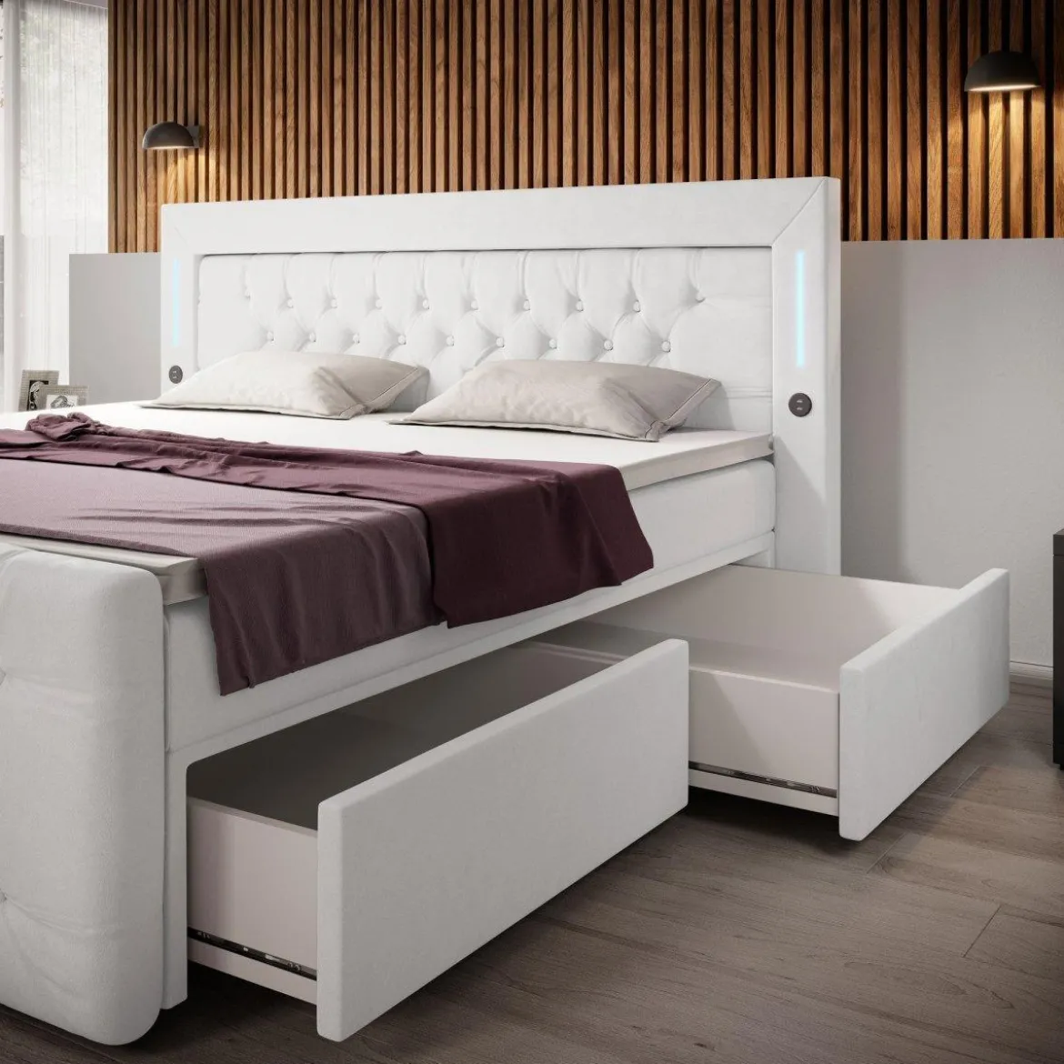 Boxspringbett Diva mit USB, LED und Stauraum (2 Schubladen)