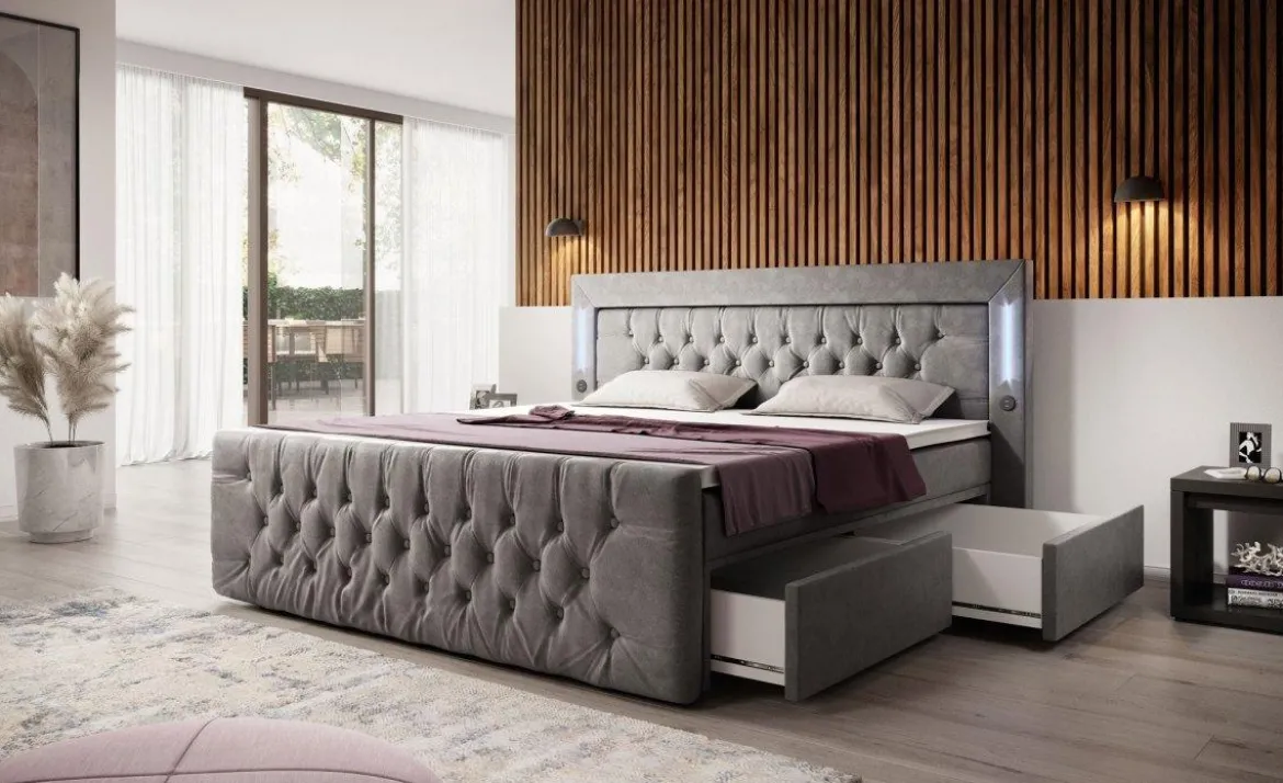 Boxspringbett Diva mit USB, LED und Stauraum (2 Schubladen)