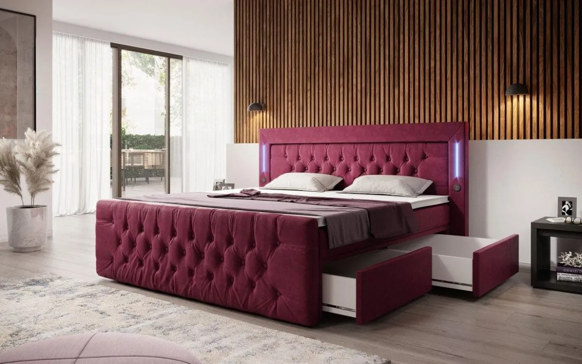 Boxspringbett Diva mit USB, LED und Stauraum (2 Schubladen)
