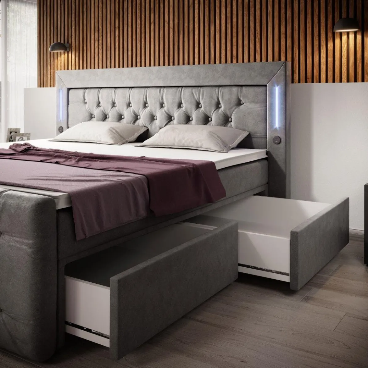 Boxspringbett Diva mit USB, LED und Stauraum (2 Schubladen)