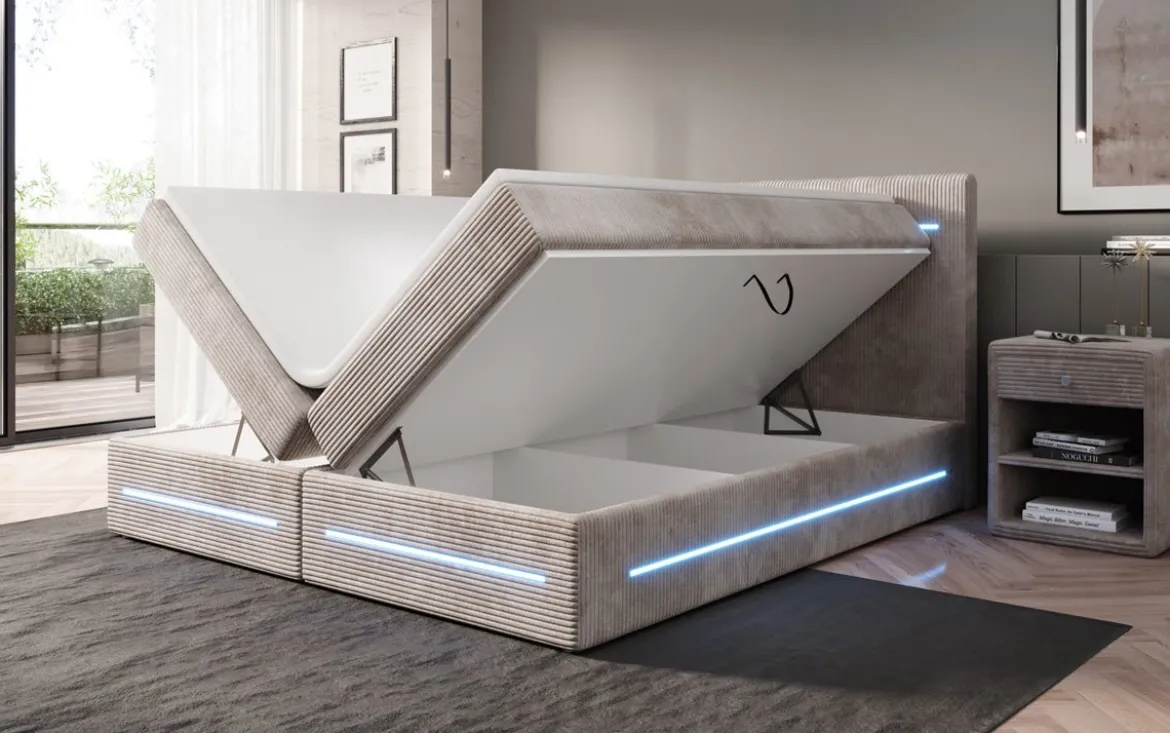 Boxspringbett Lara mit Stauraum und LED in Cord