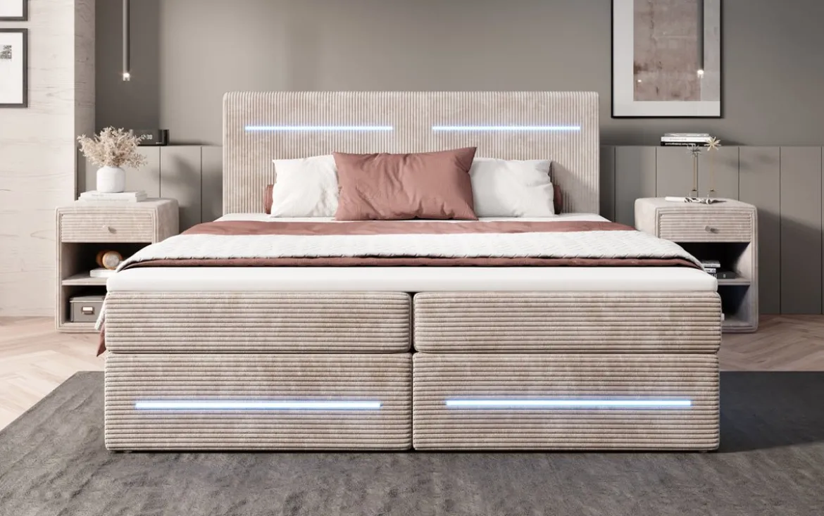 Boxspringbett Lara mit Stauraum und LED in Cord