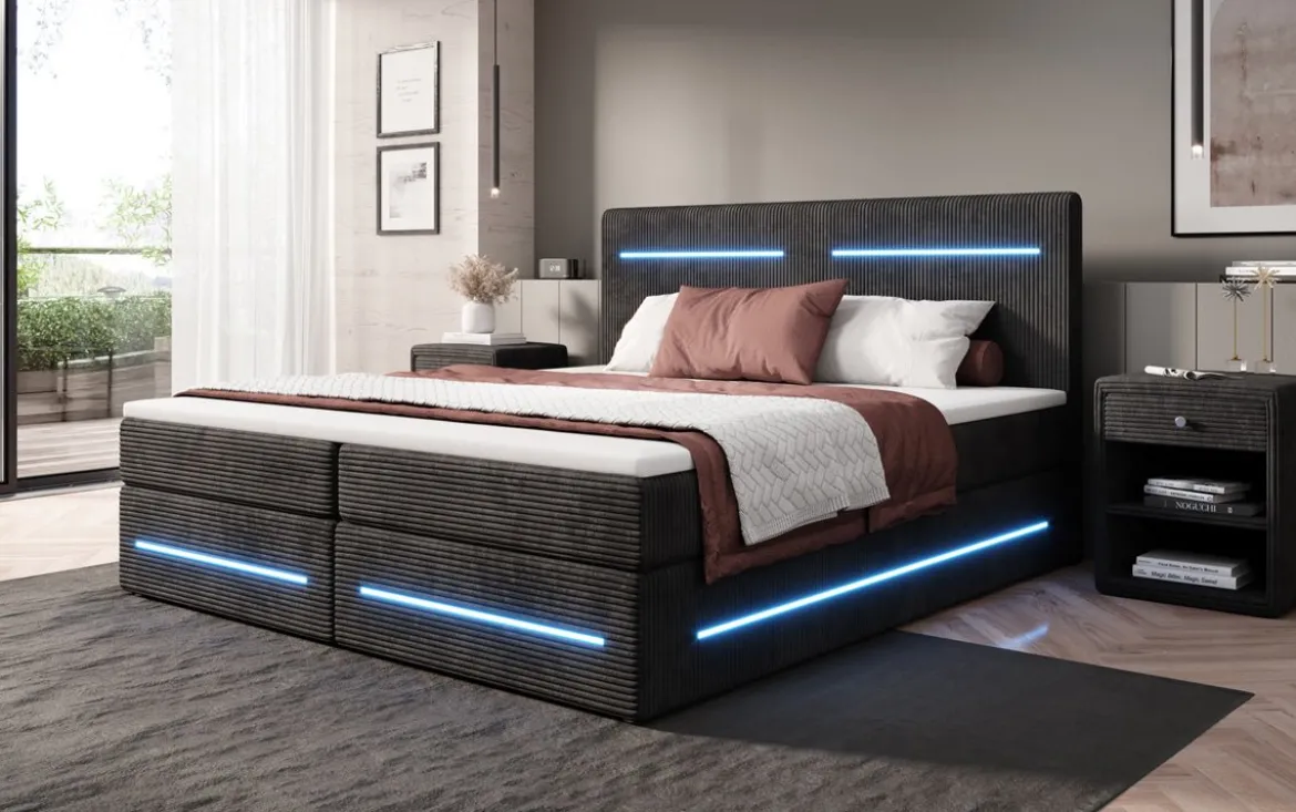 Boxspringbett Lara mit Stauraum und LED in Cord