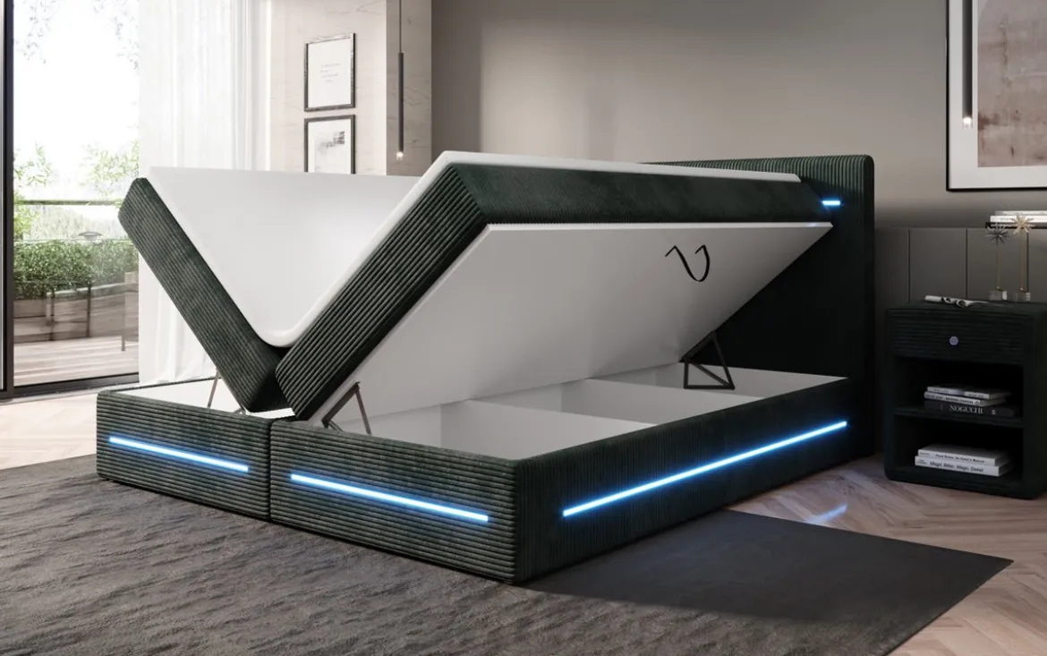 Boxspringbett Lara mit Stauraum und LED in Cord