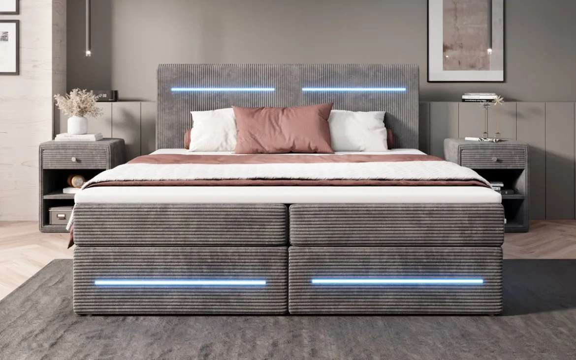 Boxspringbett Lara mit Stauraum und LED in Cord