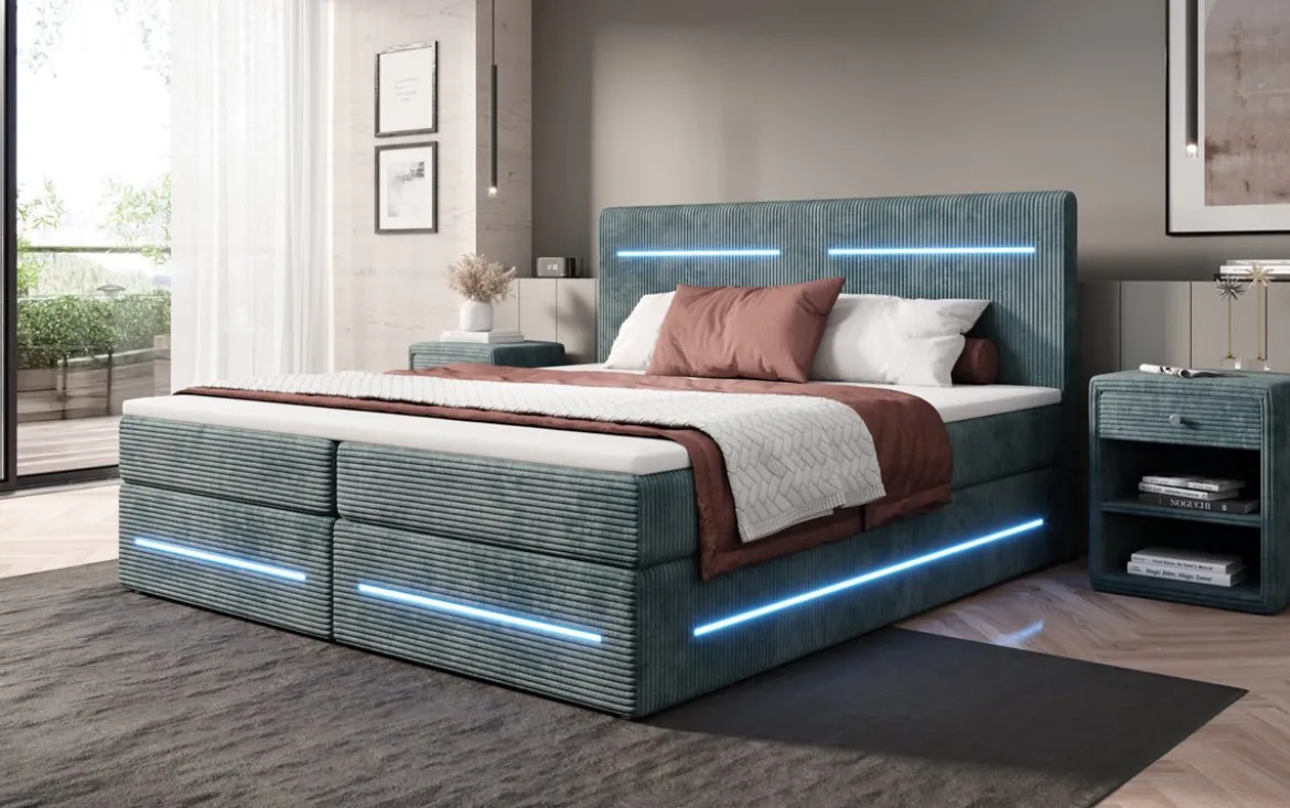 Boxspringbett Lara mit Stauraum und LED in Cord