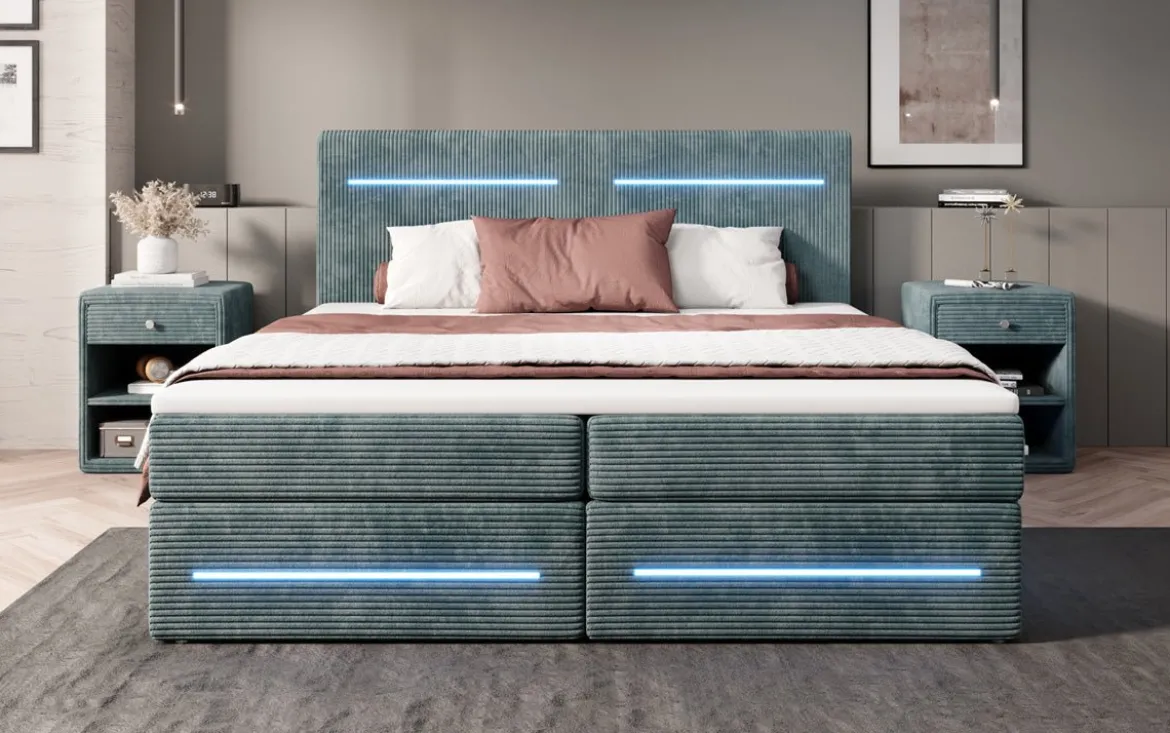 Boxspringbett Lara mit Stauraum und LED in Cord
