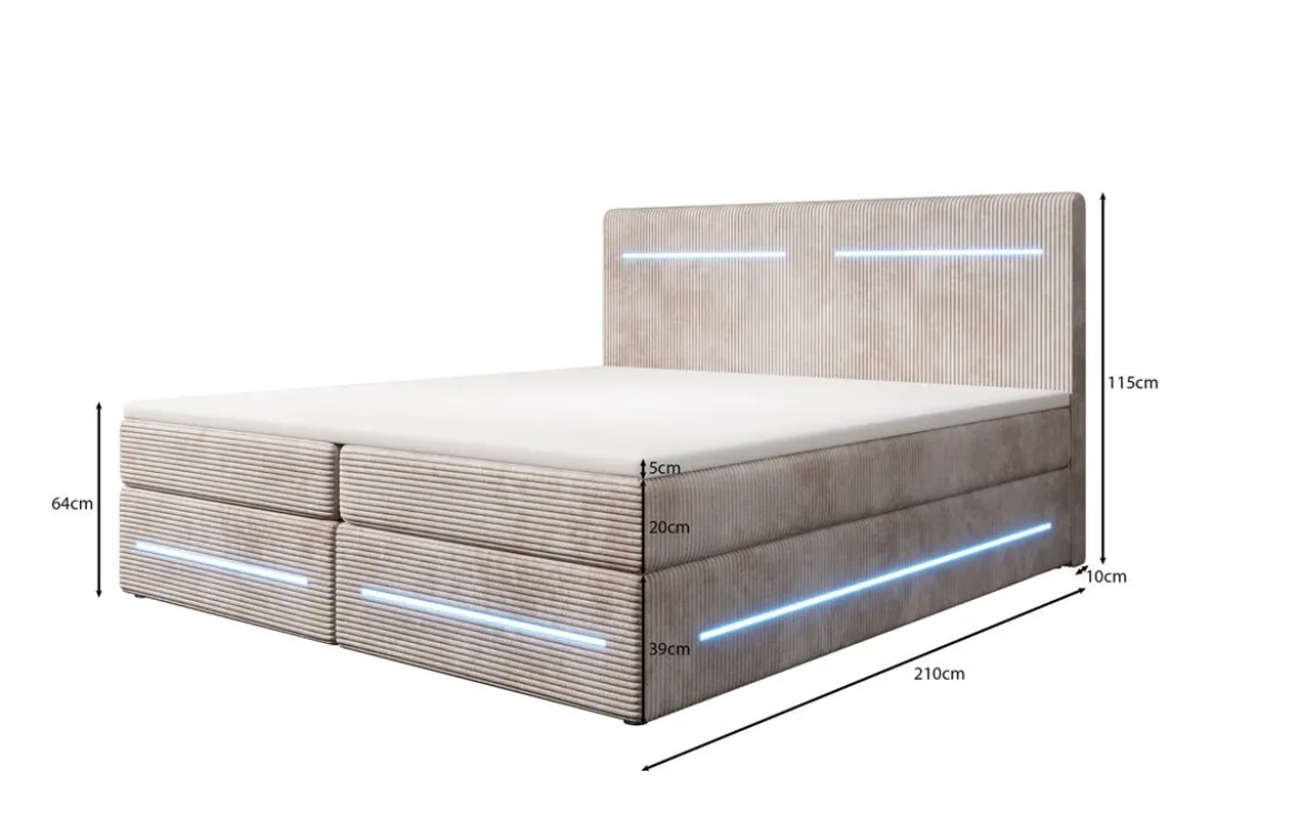 Boxspringbett Lara mit Stauraum und LED in Cord