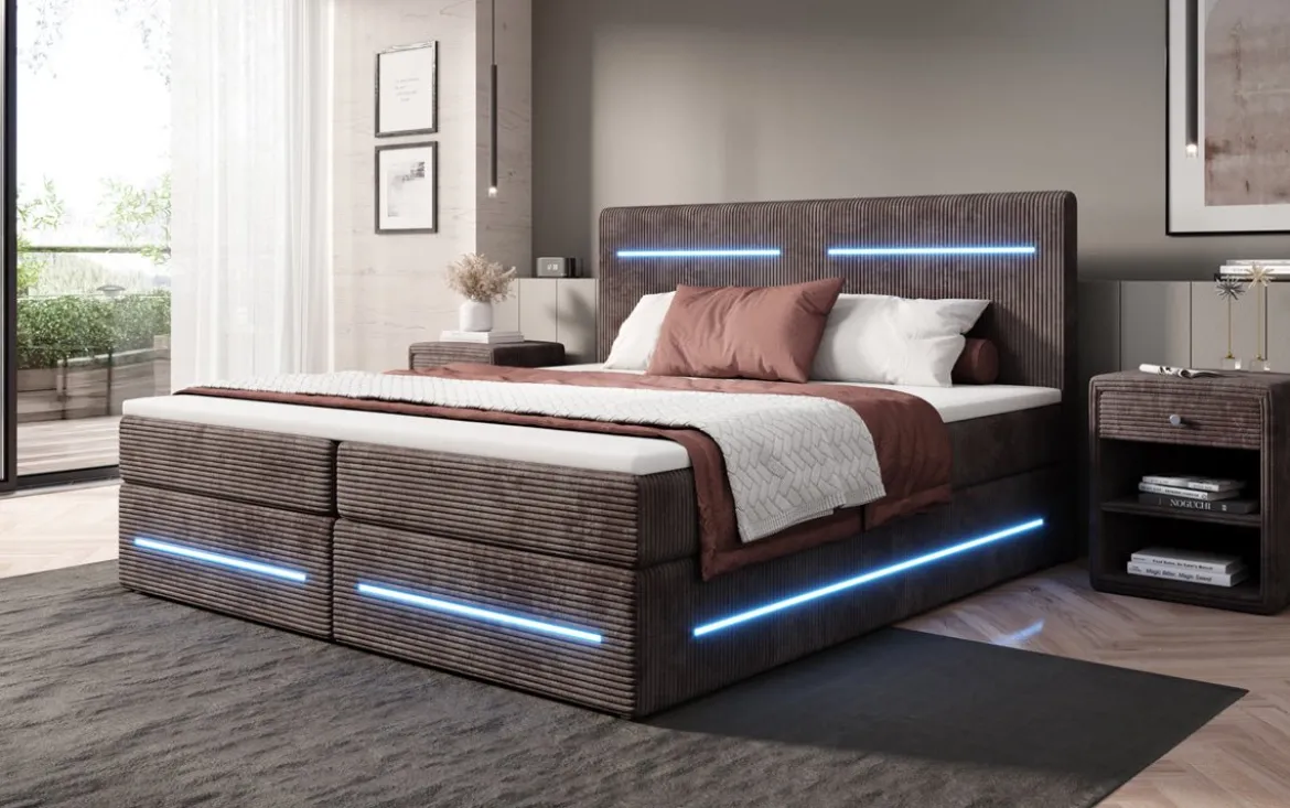 Boxspringbett Lara mit Stauraum und LED in Cord