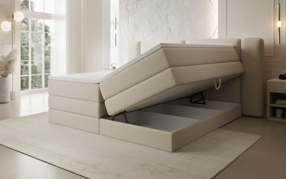 Boxspringbett Leni mit hochklappbarem Stauraum in Teddy Bouclé