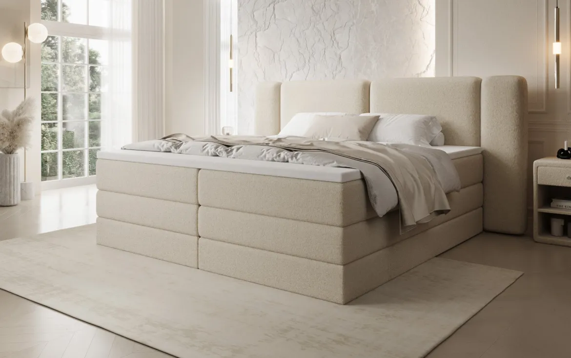 Boxspringbett Leni mit hochklappbarem Stauraum in Teddy Bouclé