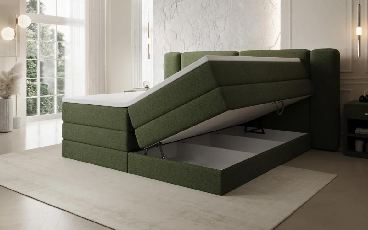Boxspringbett Leni mit hochklappbarem Stauraum in Teddy Bouclé