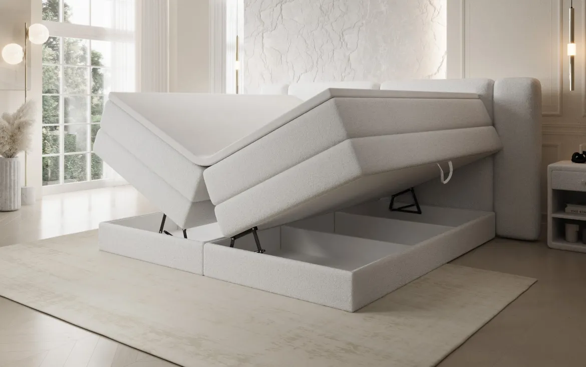 Boxspringbett Leni mit hochklappbarem Stauraum in Teddy Bouclé