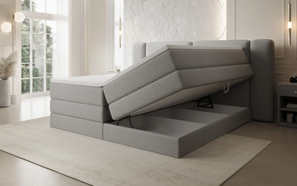 Boxspringbett Leni mit hochklappbarem Stauraum in Teddy Bouclé
