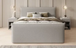 Boxspringbett Liana II mit hochklappbarem Stauraum in Teddy Bouclé