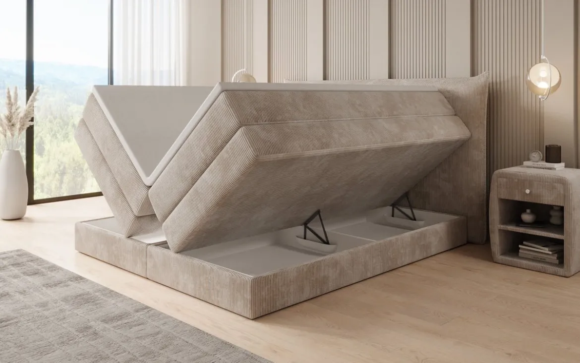 Boxspringbett Liana mit hochklappbarem Stauraum in Cord