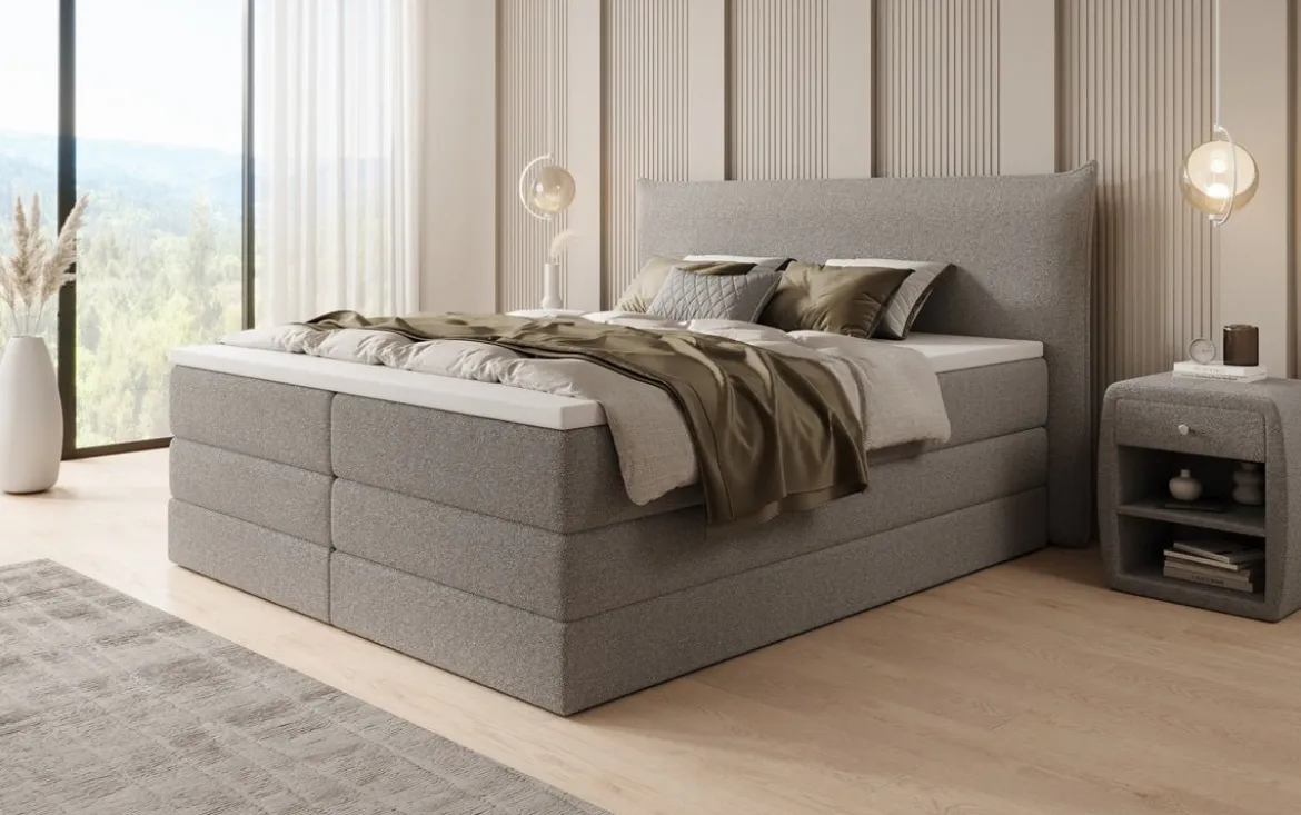 Boxspringbett Liana mit hochklappbarem Stauraum in Teddy Bouclé