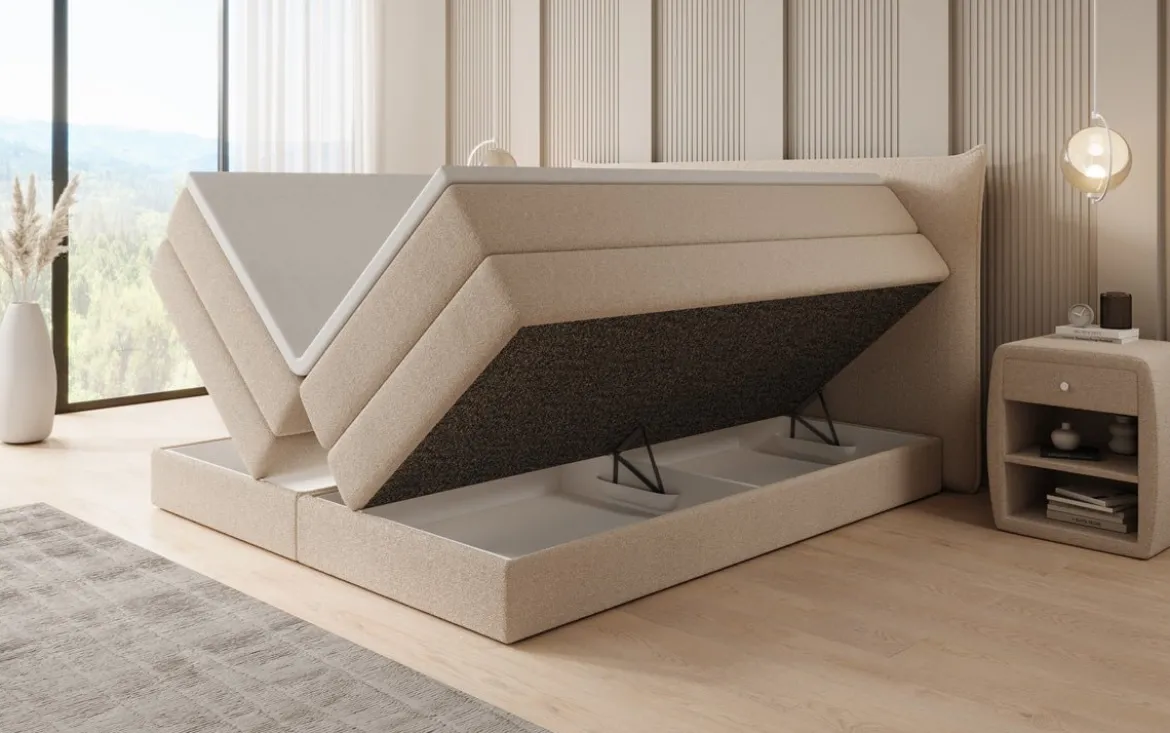 Boxspringbett Liana mit hochklappbarem Stauraum in Teddy Bouclé