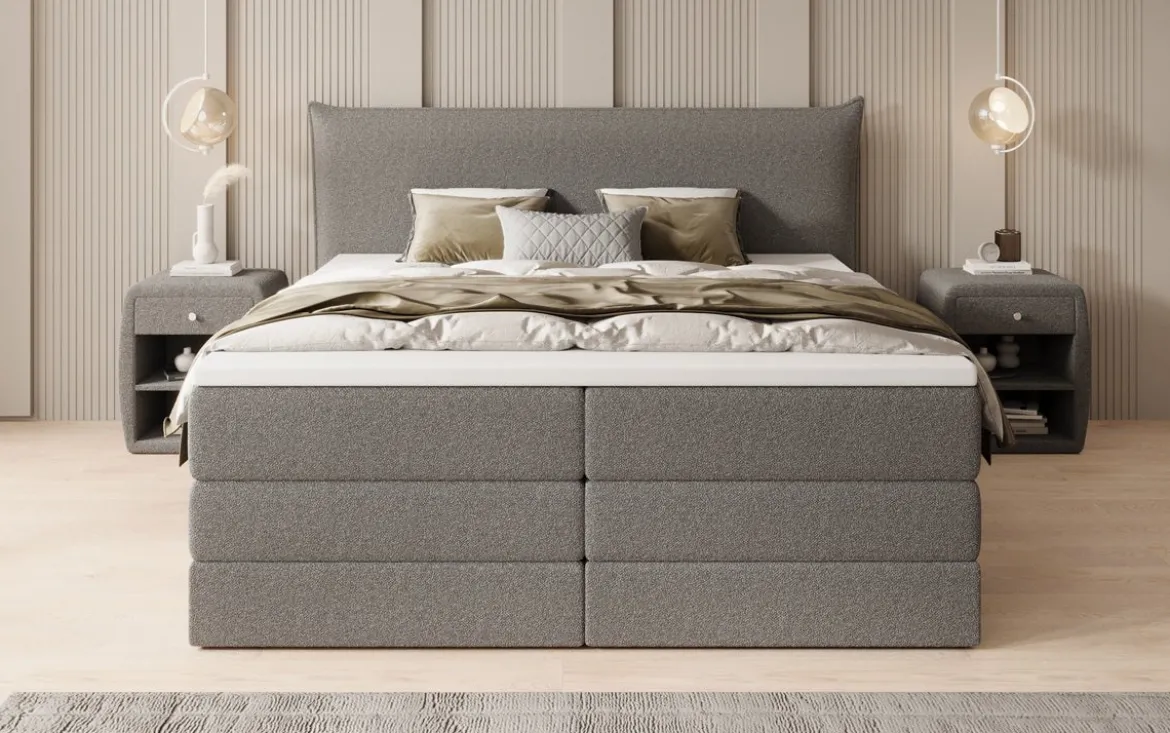 Boxspringbett Liana mit hochklappbarem Stauraum in Teddy Bouclé
