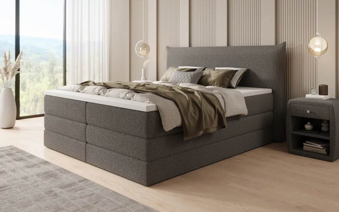 Boxspringbett Liana mit hochklappbarem Stauraum in Teddy Bouclé