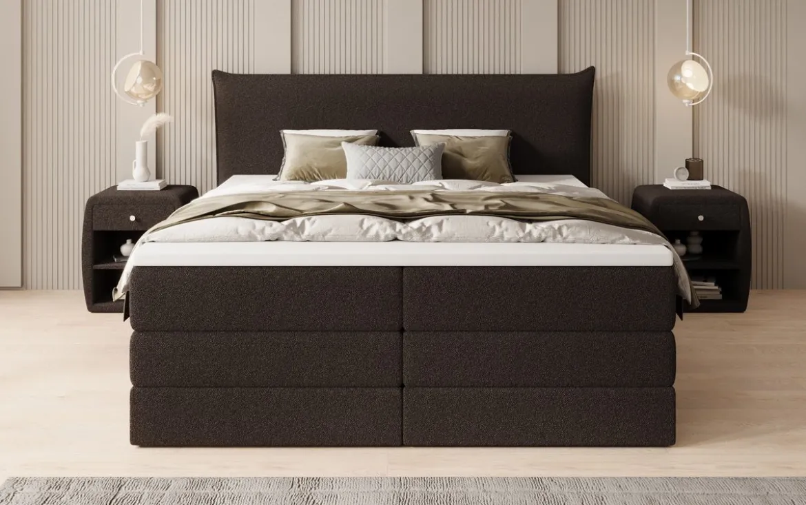 Boxspringbett Liana mit hochklappbarem Stauraum in Teddy Bouclé