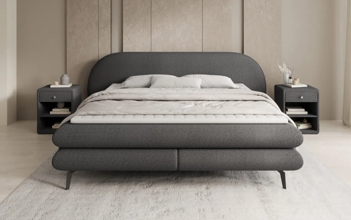 Boxspringbett Marisol mit ovalem Headboard in Bouclé