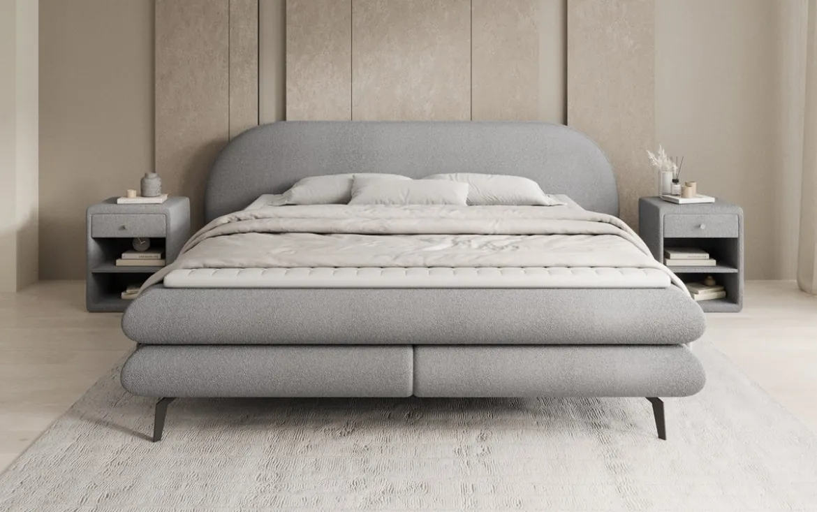 Boxspringbett Marisol mit ovalem Headboard in Bouclé