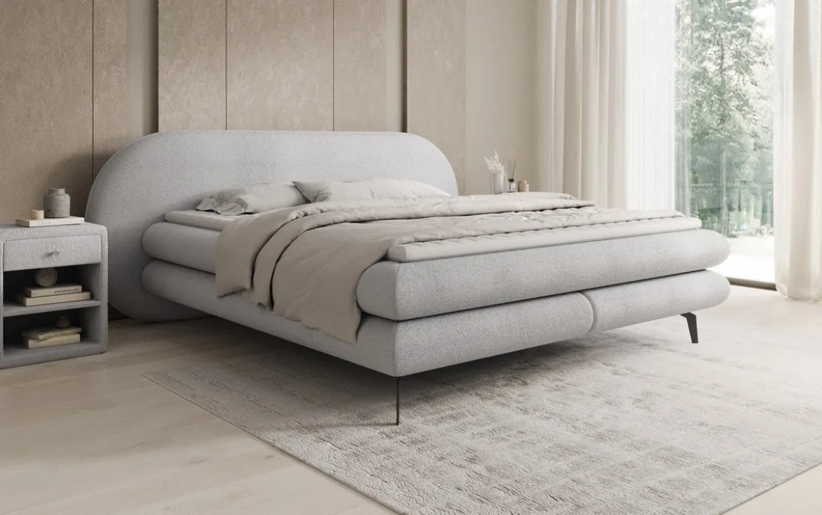 Boxspringbett Marisol mit ovalem Headboard in Bouclé
