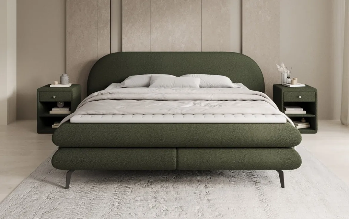 Boxspringbett Marisol mit ovalem Headboard in Bouclé