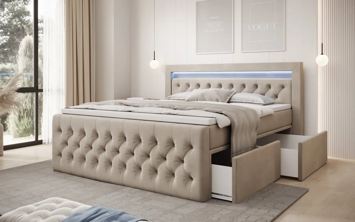 Boxspringbett Menzogna Samt mit LED und Stauraum (2 Schubladen)