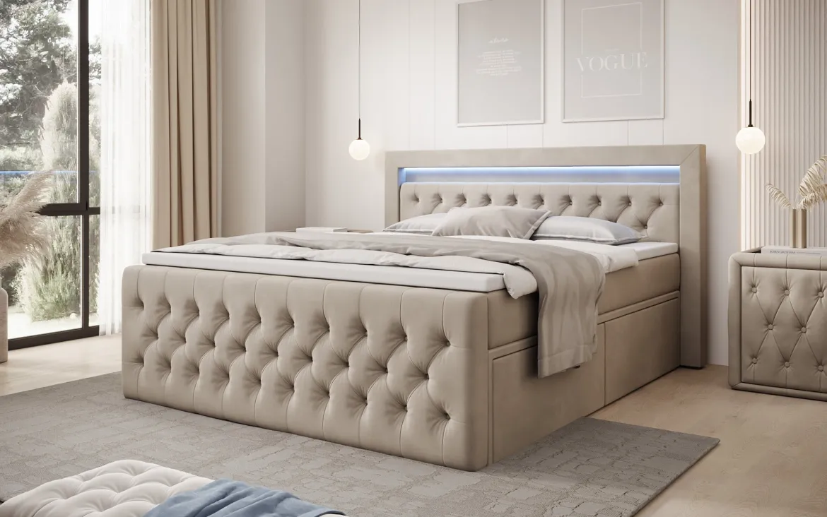 Boxspringbett Menzogna Samt mit LED und Stauraum (2 Schubladen)
